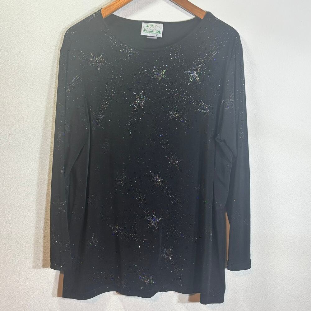 Quacker Factory Black Rhinestone Star Top Large Made USA Sparkle Stretch
